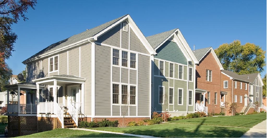 The Bruner home, a frame house that was moved and restored, is the first in this row of townhouses.